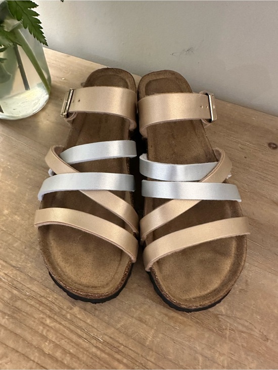 Shoes - Metallic Strappy Slide Sandals - Bronze & Silver
